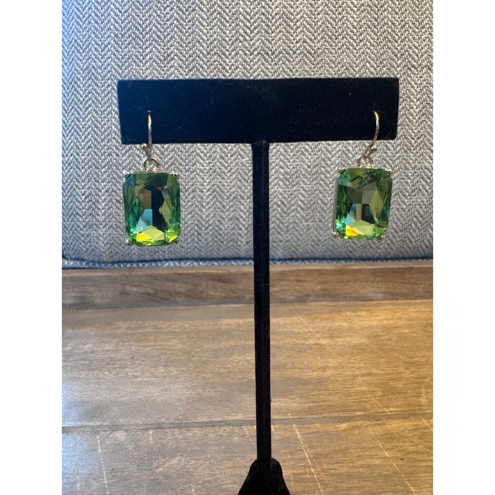 Faceted Green Crystal Rectangle Drop Earrings Gold Tone